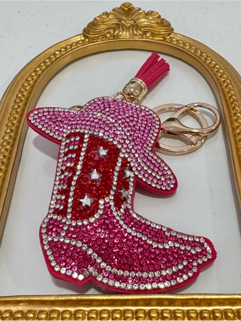New Hot Pink Crystal Cowboy Boots & Hat Keychain  with Tassel
